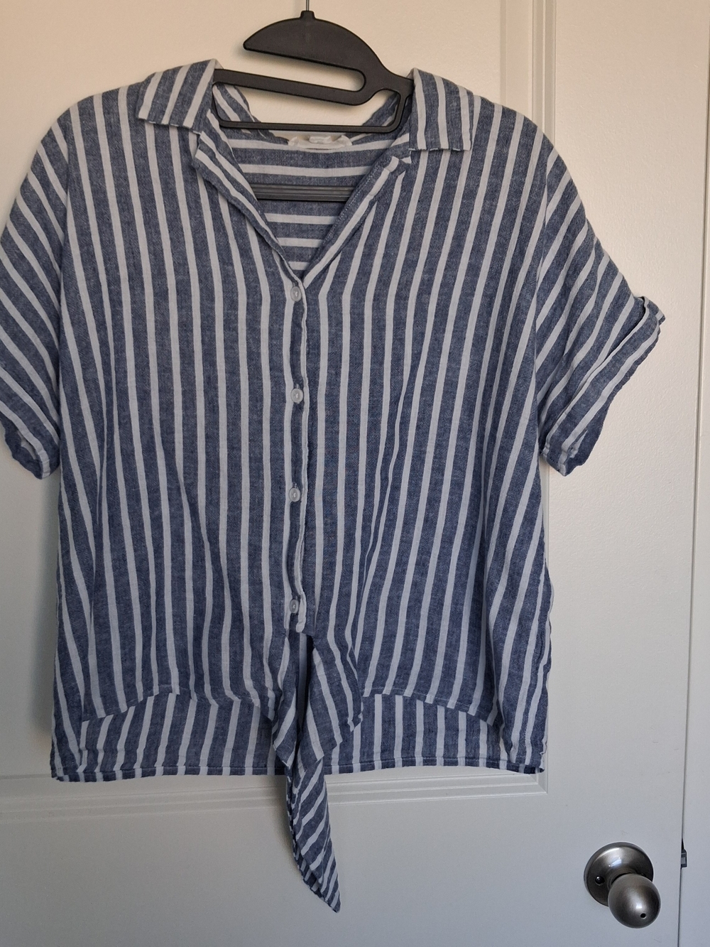 beachlunchlounge Blue and White Striped Tie-Front Button-Down Shirt